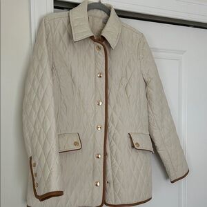 Chico's Cream Quilted Puffer with Brown Trim it's actually a size one